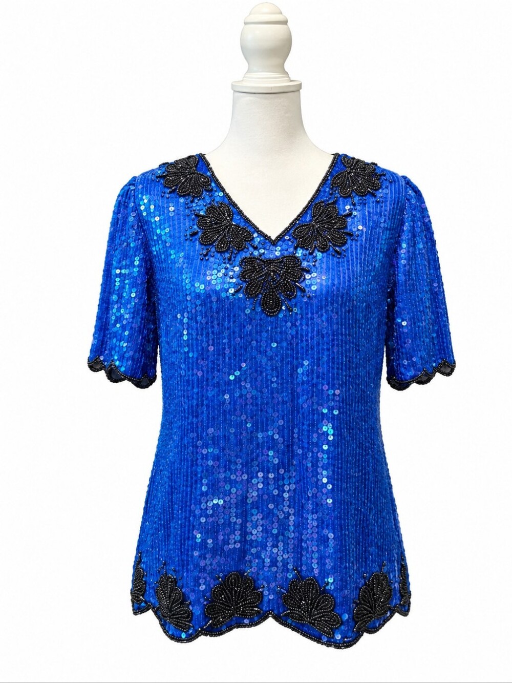 Vintage Stenay Royal Blue Sequin Blouse with Black Floral Details